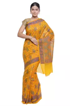 Yellow Embroidered Cotton Saree With Blouse