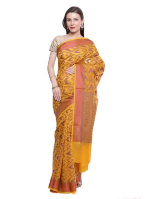 Yellow Embroidered Cotton Saree With Blouse 1