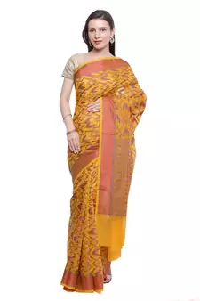 Yellow Embroidered Cotton Saree With Blouse