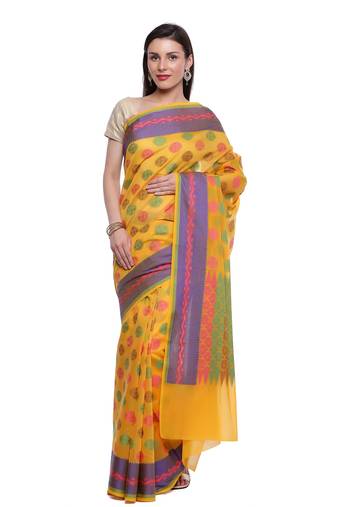 Yellow Embroidered Cotton Saree With Blouse