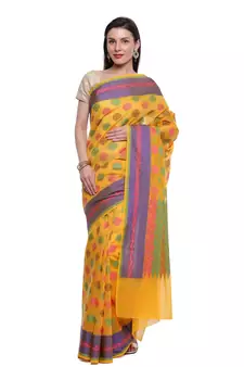 Yellow Embroidered Cotton Saree With Blouse