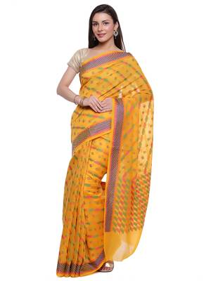 Yellow Embroidered Cotton Saree With Blouse 2