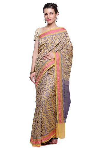 Beige Embroidered Cotton Saree With Blouse