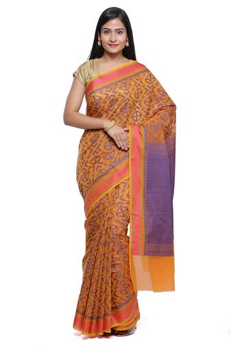Orange embroidered cotton saree with blouse