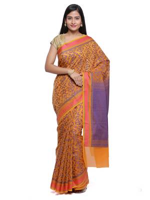 Orange embroidered cotton saree with blouse 2