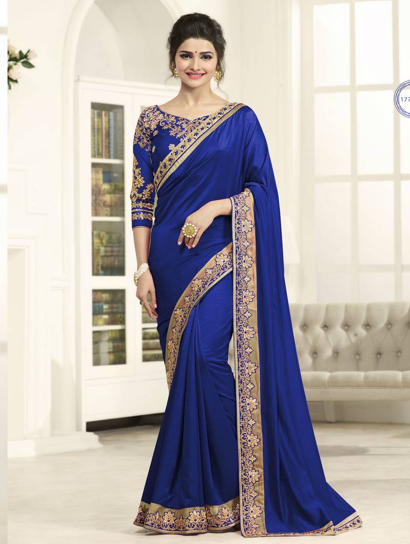Blue Embroidered Silk Saree With Blouse