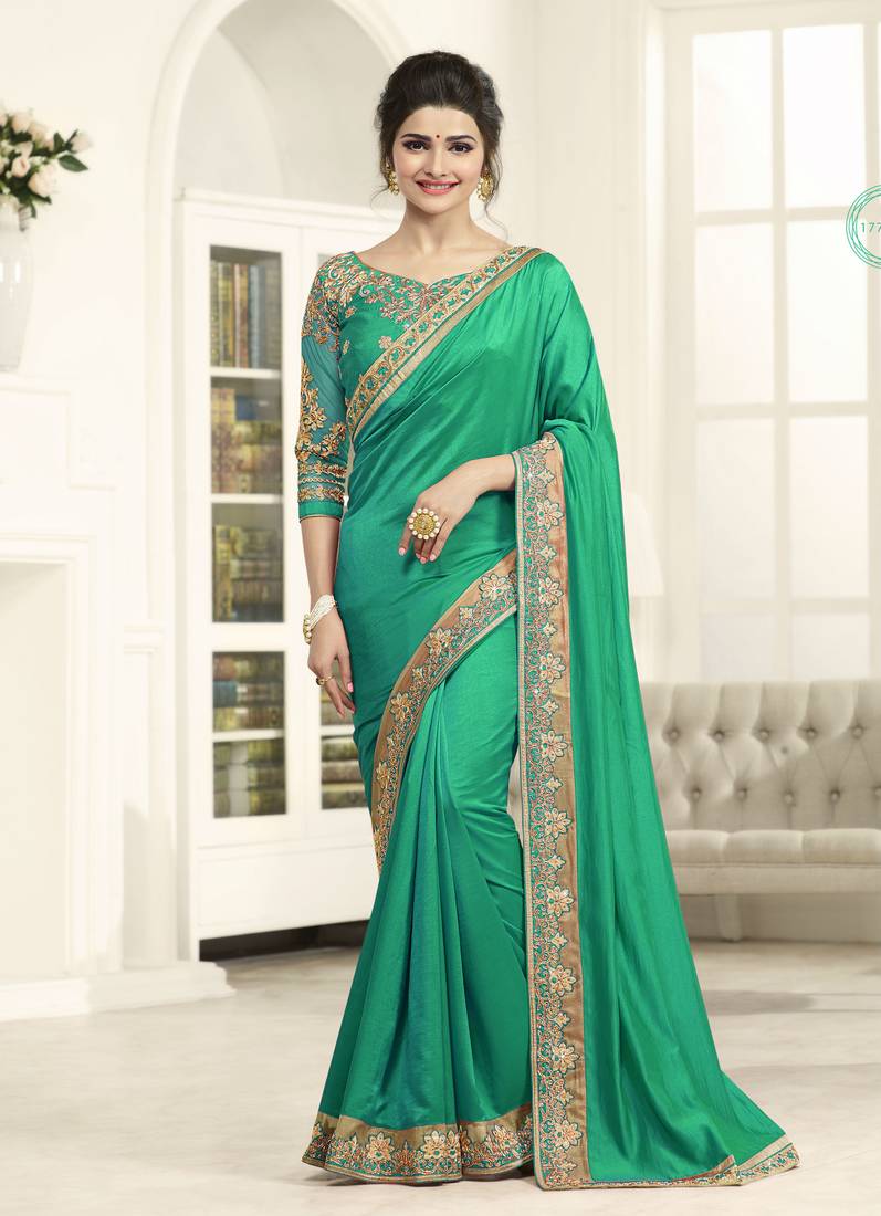 Cyan Embroidered Silk Saree With Blouse
