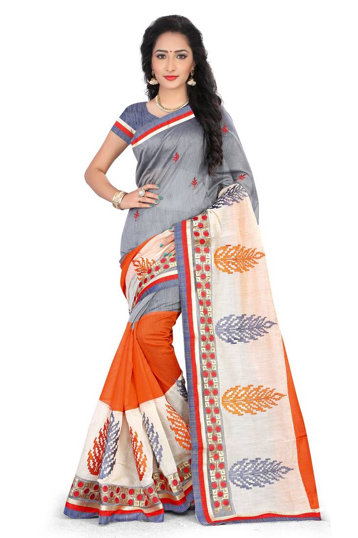Multicolor embroidered cotton saree with blouse