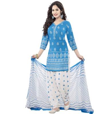 blue printed synthetic unstitched salwar with dupatta 1