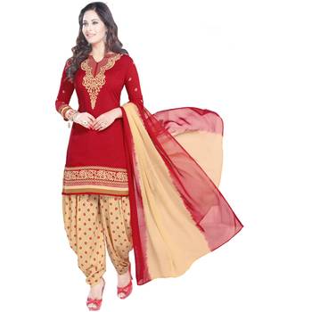 red printed synthetic unstitched salwar with dupatta 1