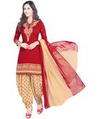 red printed synthetic unstitched salwar with dupatta