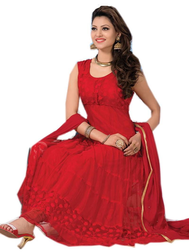 Latest Embroidered Red Short Sleeve Anarkali-Suit