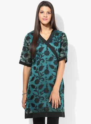 Green woven net stitched kurtis 1