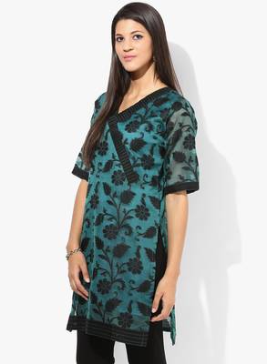 Green woven net stitched kurtis 4