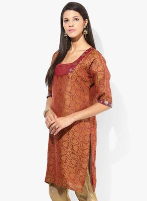 Mustard woven net stitched kurtis 4