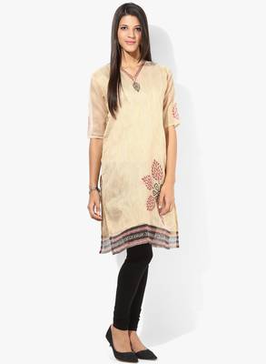 Cream woven net stitched kurtis 1