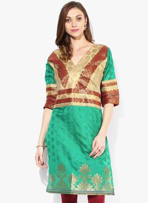 Green woven chanderi stitched kurtis 1