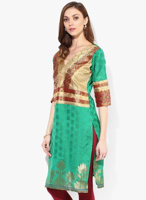 Green woven chanderi stitched kurtis 4