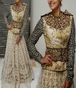 Cream With Embroidery Thread work Bollywood Actress Bindu Net Lehenga