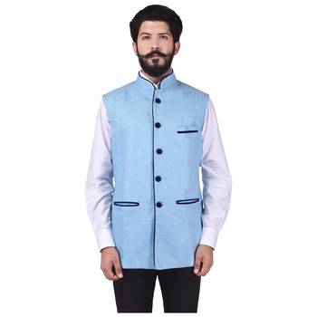 Blue Jute Nehru Jacket 1