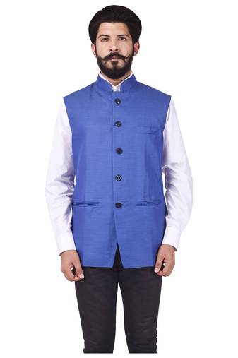 Blue Cotton Poly Nehru Jacket