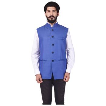 Blue Cotton Poly Nehru Jacket 1