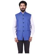 Blue Cotton Poly Nehru Jacket