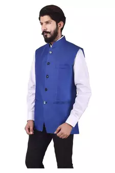 Blue Cotton Poly Nehru Jacket