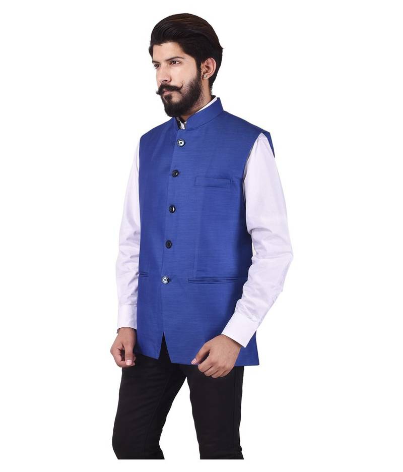 Blue Cotton Poly Nehru Jacket
