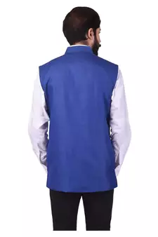 Blue Cotton Poly Nehru Jacket