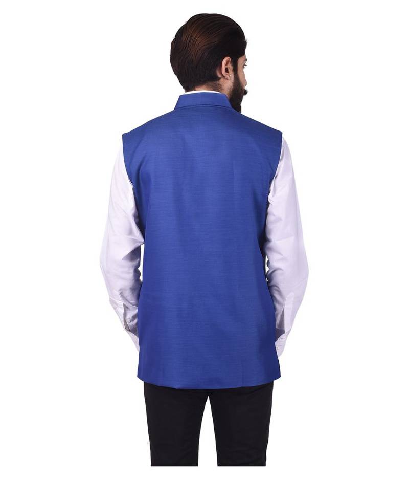 Blue Cotton Poly Nehru Jacket