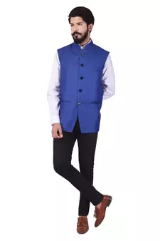 Blue Cotton Poly Nehru Jacket
