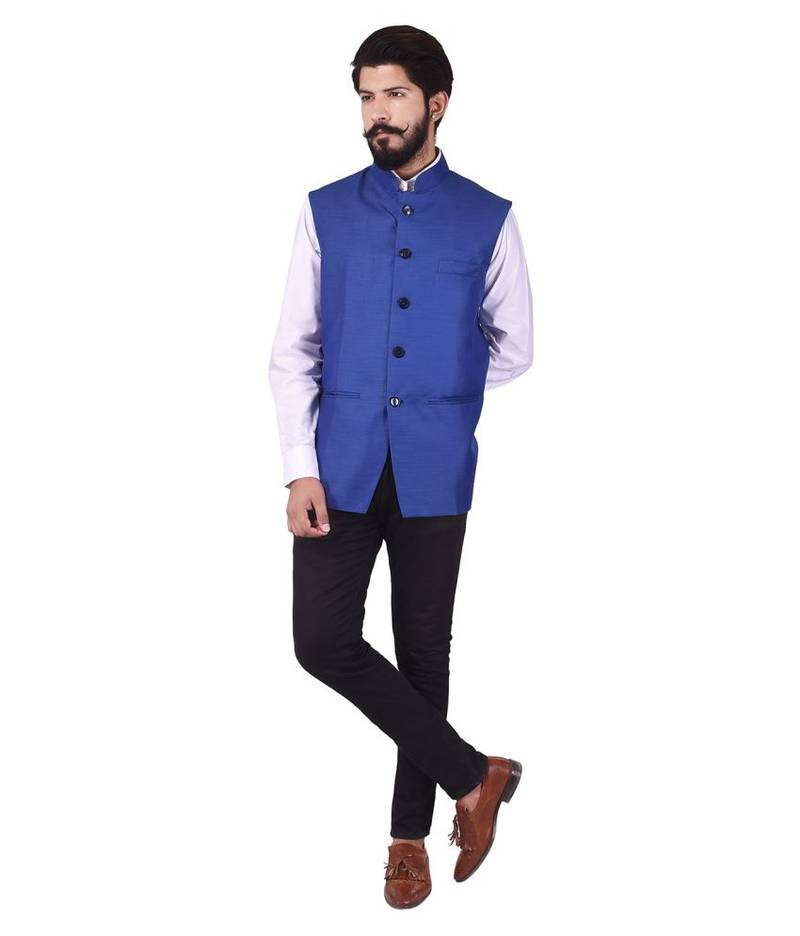 Blue Cotton Poly Nehru Jacket