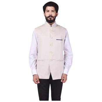 Beige Cotton Poly Nehru Jacket 1