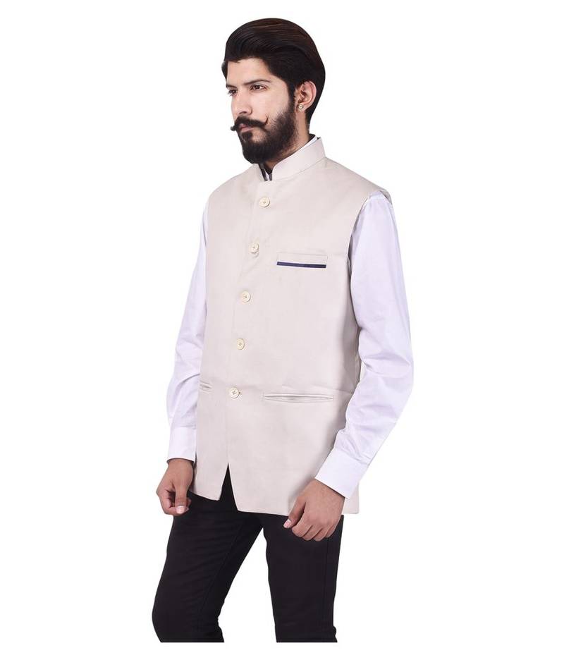 Beige Cotton Poly Nehru Jacket
