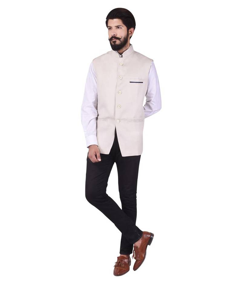 Beige Cotton Poly Nehru Jacket
