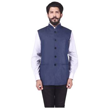 Blue Cotton Poly Nehru Jacket 1