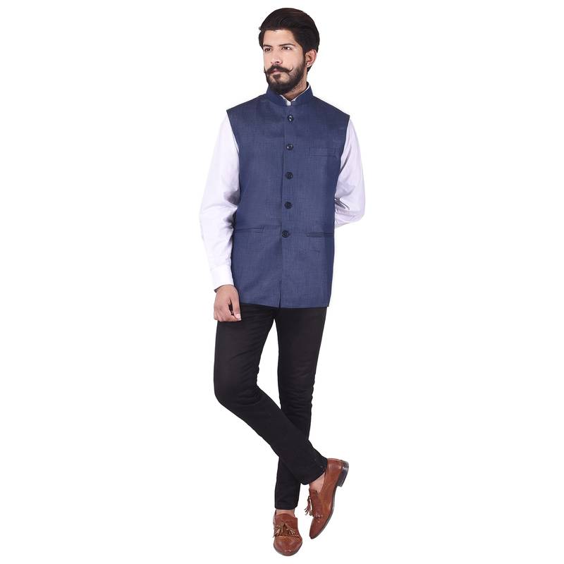 Blue Cotton Poly Nehru Jacket