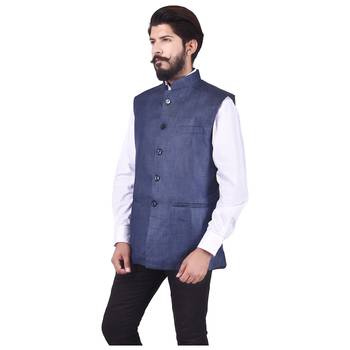 Blue Cotton Poly Nehru Jacket 3