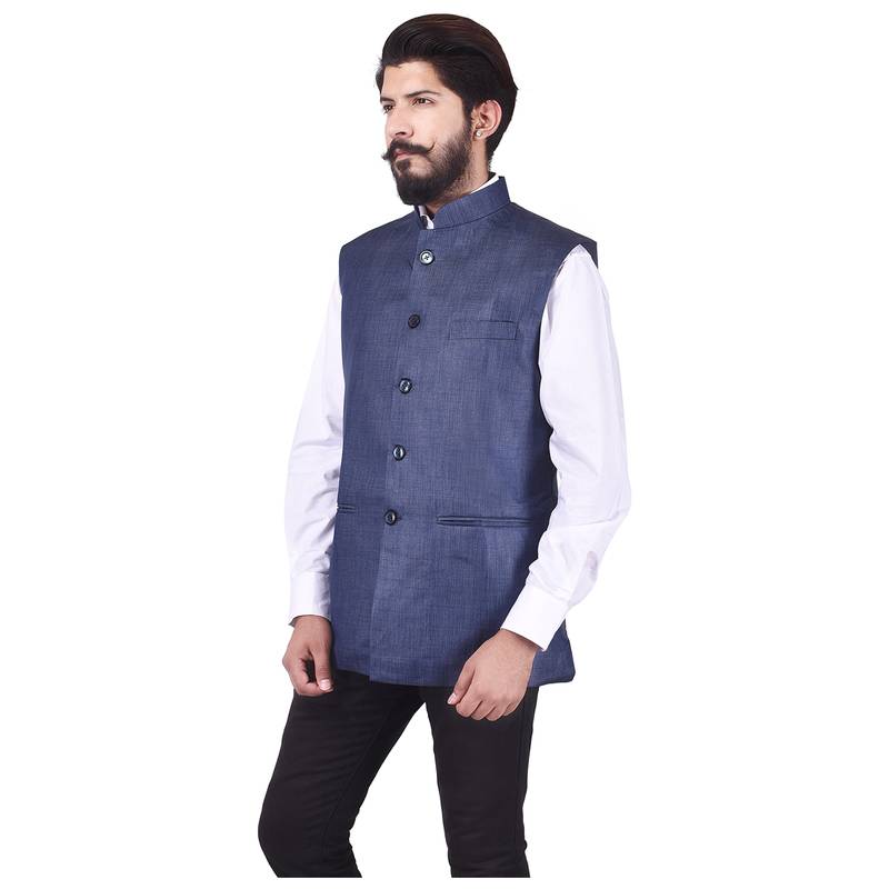 Blue Cotton Poly Nehru Jacket