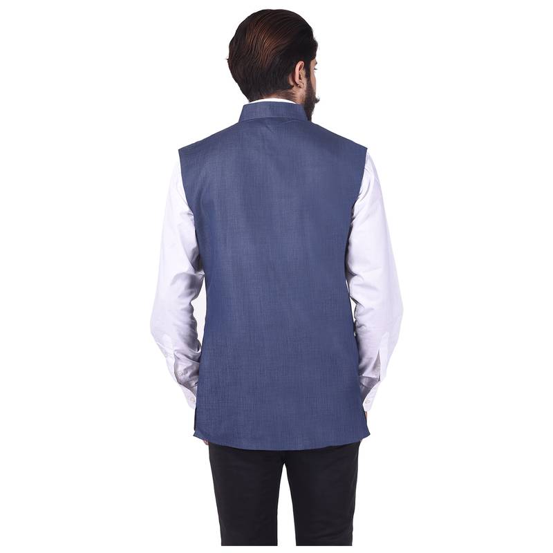 Blue Cotton Poly Nehru Jacket