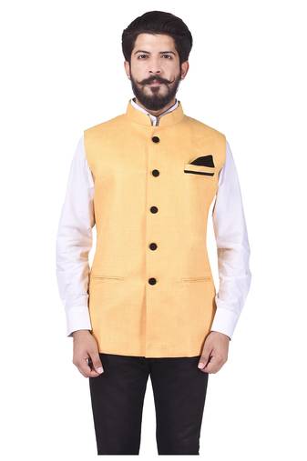 Yellow Cotton Jute Nehru Jacket