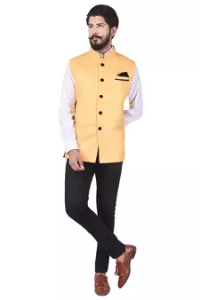 Yellow Cotton Jute Nehru Jacket