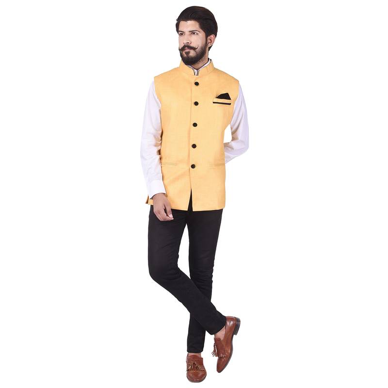 Yellow Cotton Jute Nehru Jacket