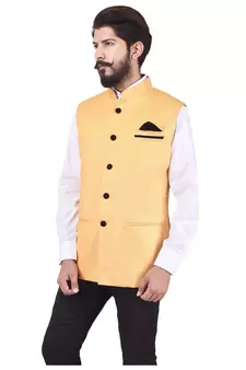 Yellow Cotton Jute Nehru Jacket