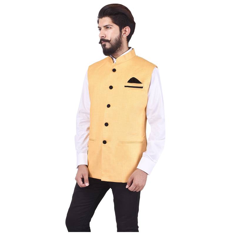 Yellow Cotton Jute Nehru Jacket