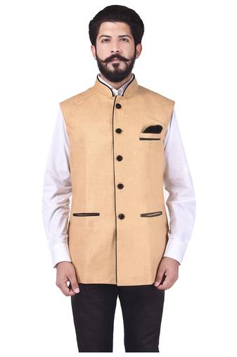 Beige Cotton Jute Nehru Jacket