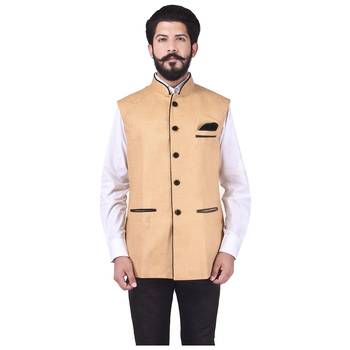Beige Cotton Jute Nehru Jacket 1