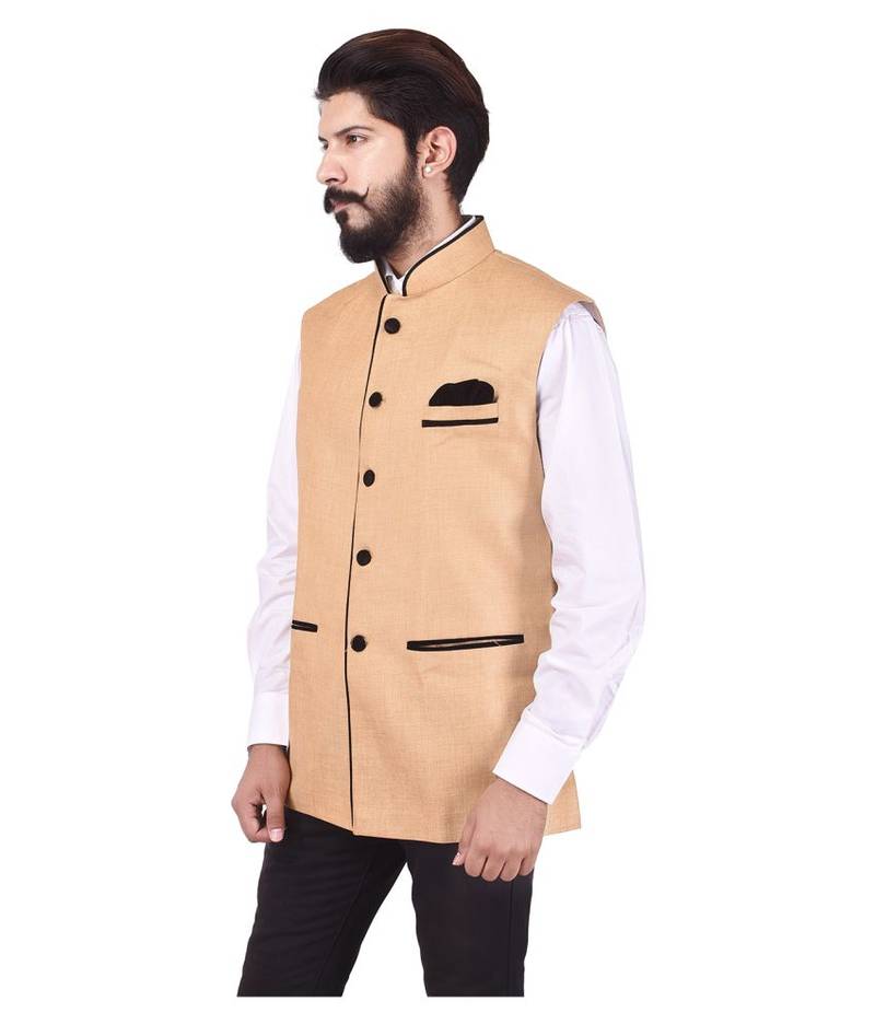 Beige Cotton Jute Nehru Jacket