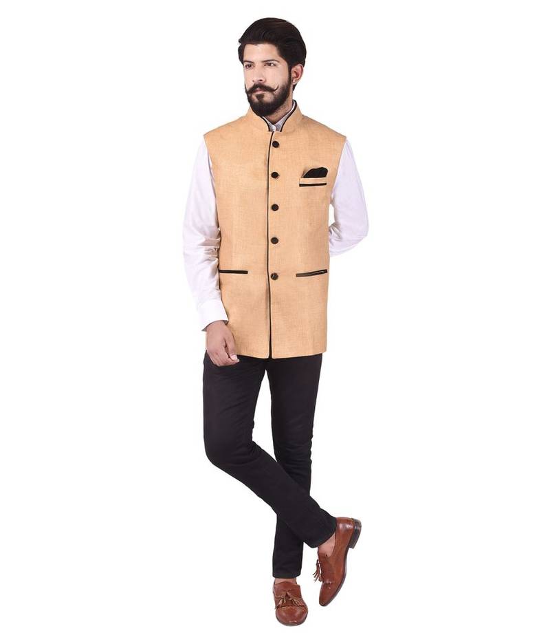 Beige Cotton Jute Nehru Jacket